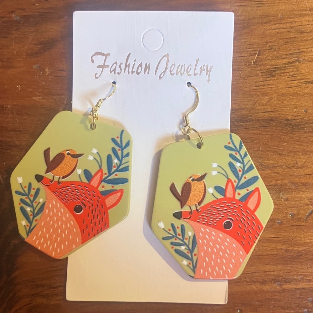 NEW Big Nature Lover Bird and Fox Earrings 2” Green Brown Red Orange
